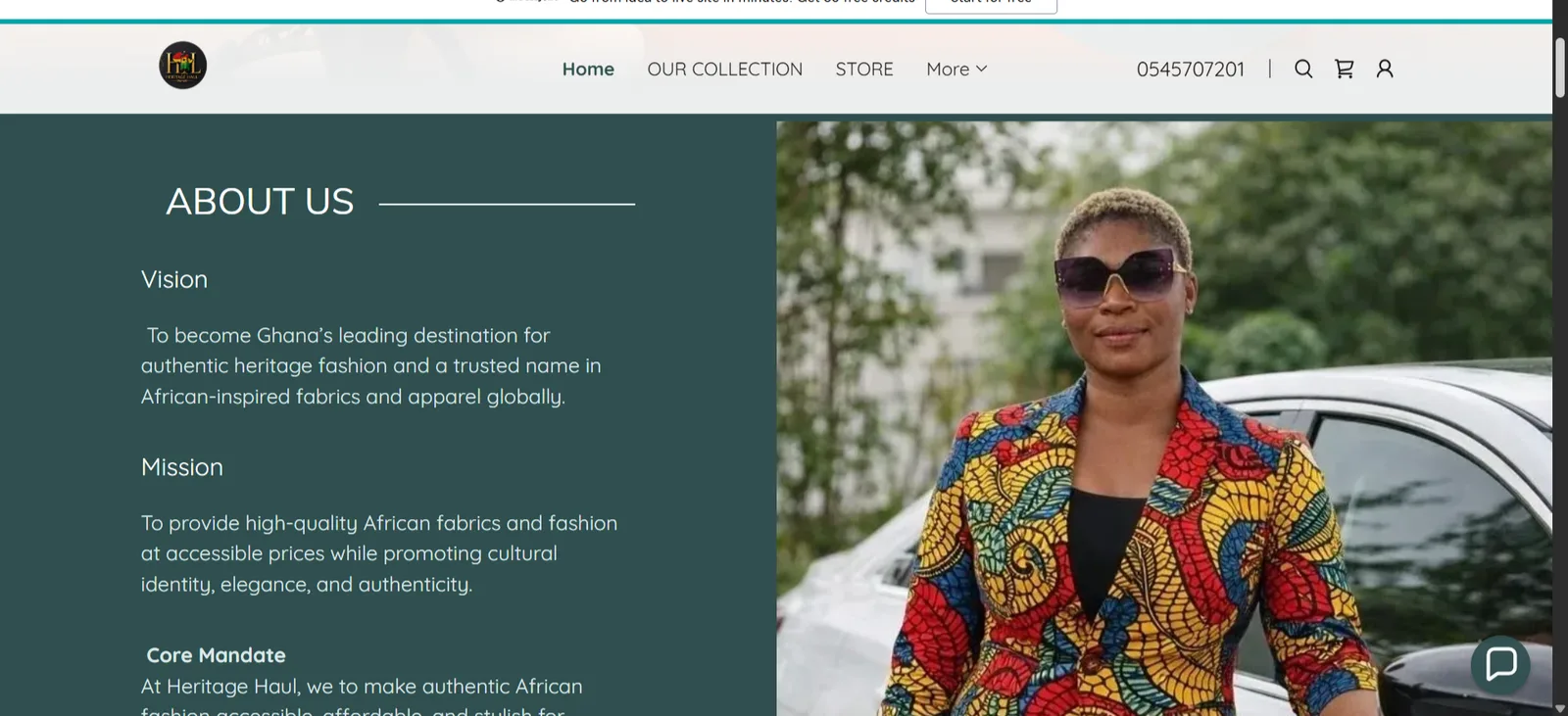 Heritage Haul website About Us section showing the brand vision and mission